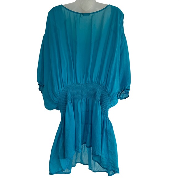 MARCIANO Silk Dolman Sleeve Smocked Waist Top Teal Blue Women Large Y2K - Picture 4 of 8